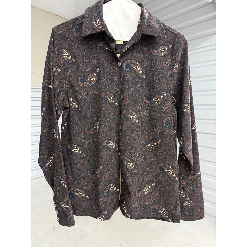 La Cabana Paisley Button Down Shirt Brown Navy Stretch Long Sleeve Blouse Small